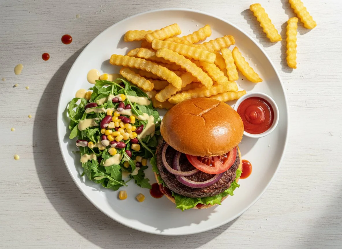 Burger mit Pommes und Salat photo