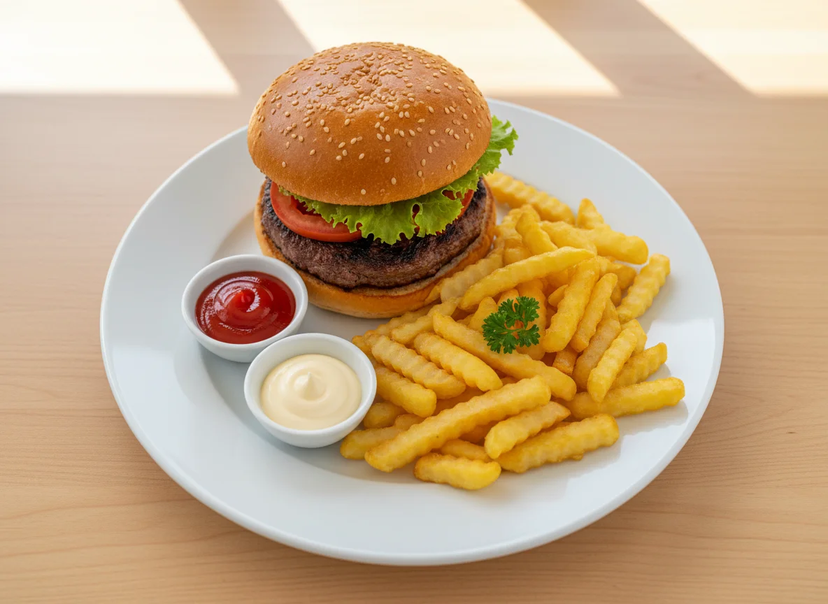 Burger mit Pommes und Saucen photo