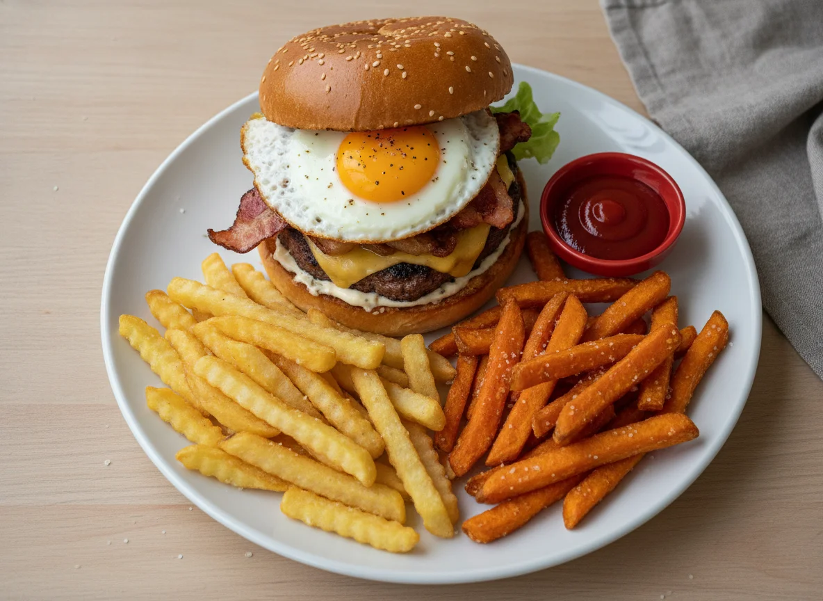 Burger mit Pommes und Süßkartoffelpommes photo