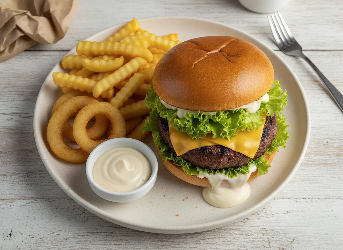 Burger mit Pommes und Zwiebelringen photo