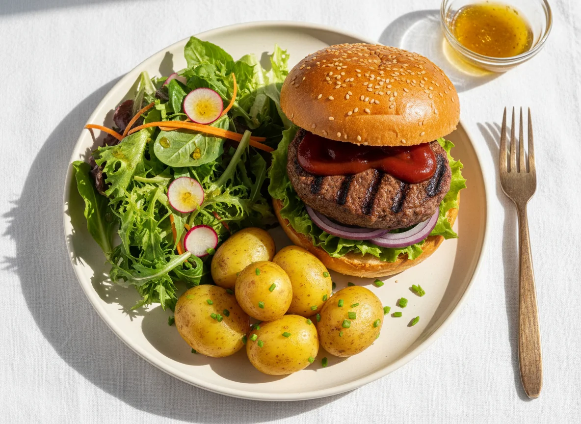 Burger mit Salat und Kartoffeln photo