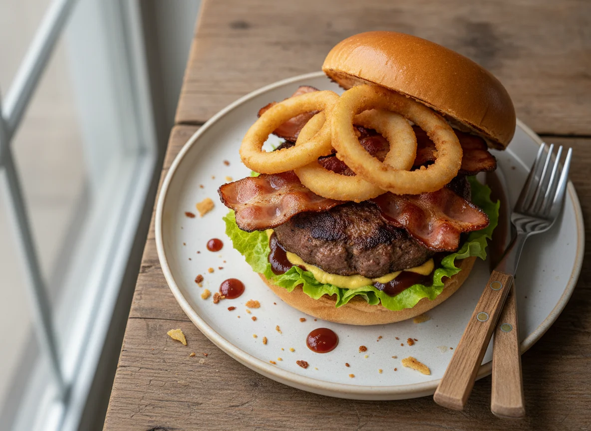 Burger mit Speck und Zwiebelringen photo