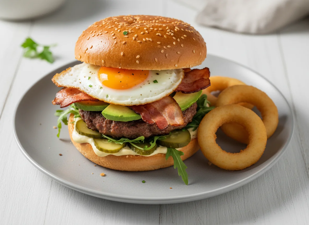 Burger mit Spiegelei, Speck und Avocado mit Zwiebelringen photo