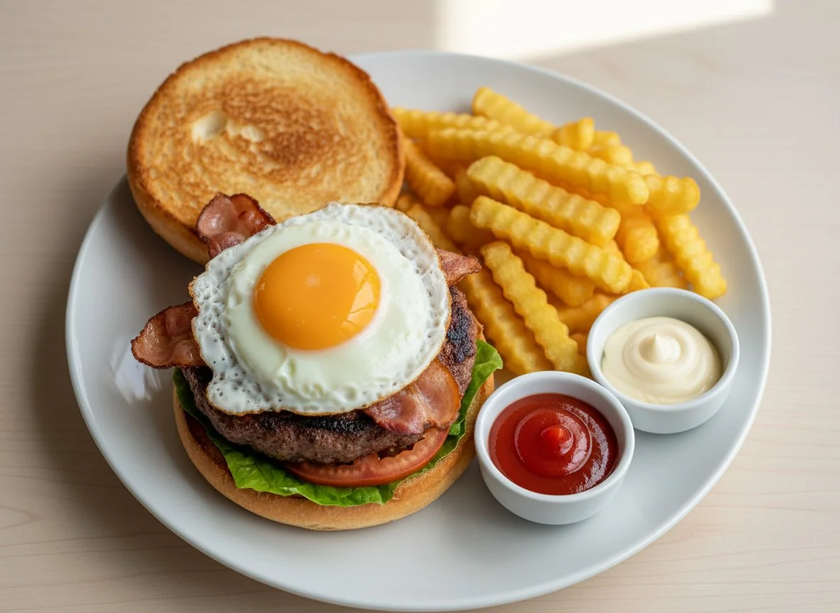 Burger mit Spiegelei und Pommes Frites photo