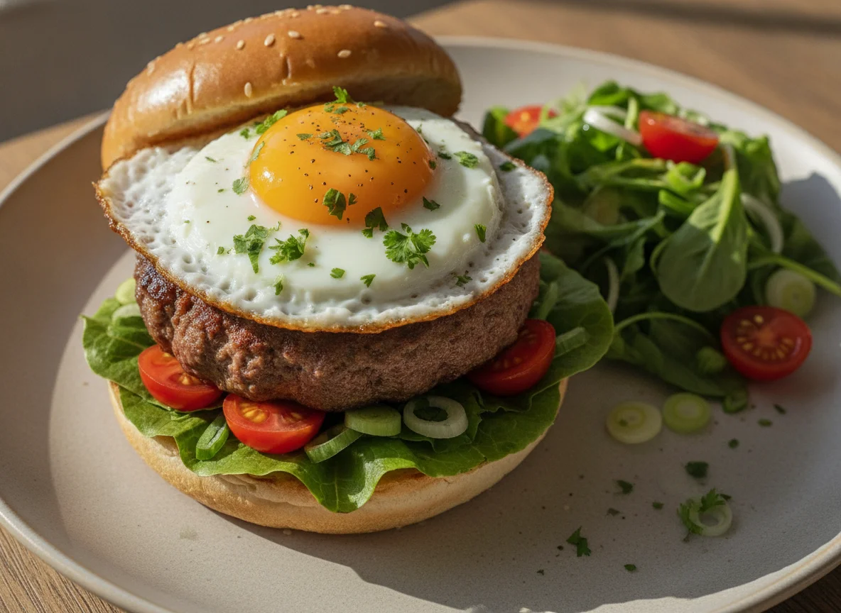 Burger mit Spiegelei und Salat photo