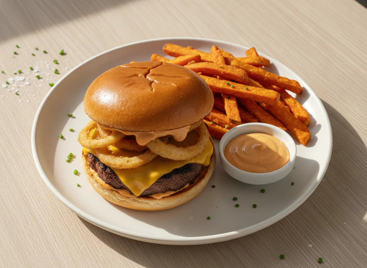 Burger mit Süßkartoffel-Pommes photo