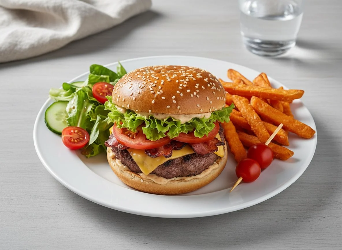 Burger mit Süßkartoffelpommes und Beilagensalat photo