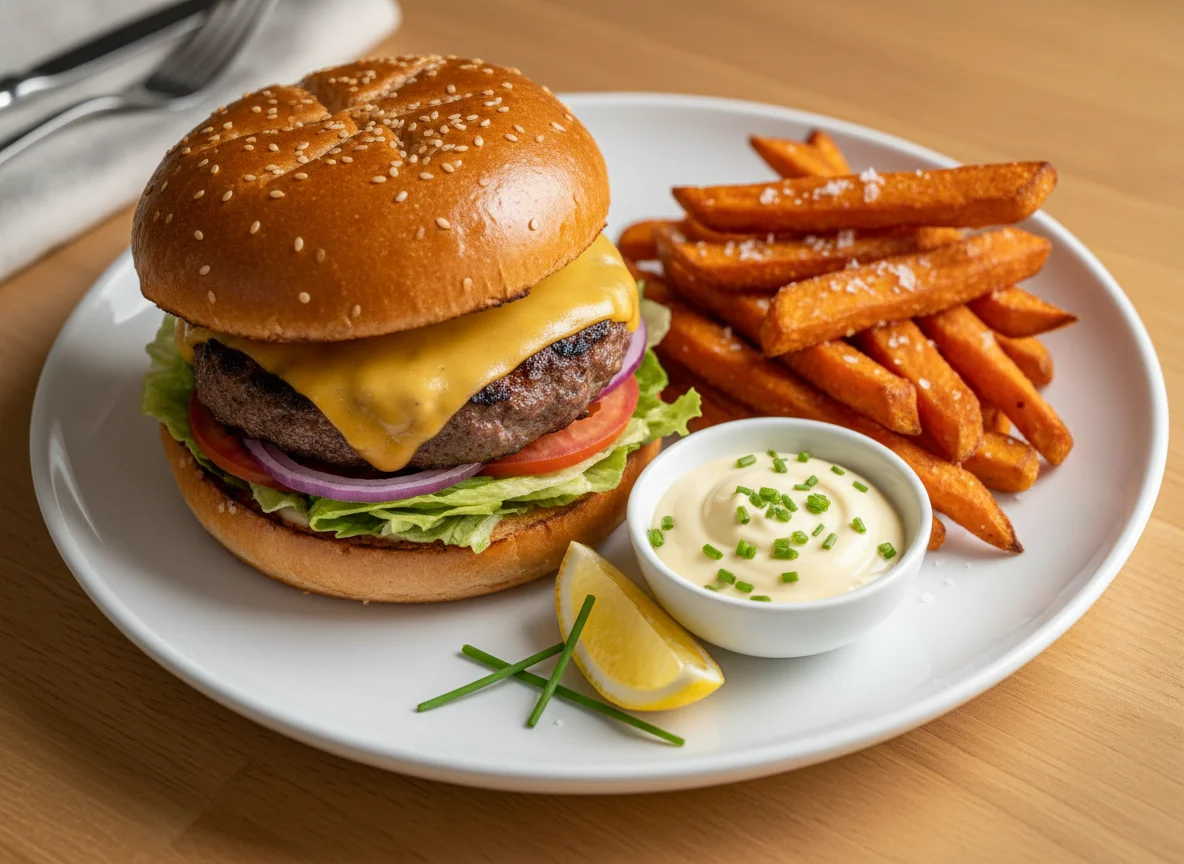 Burger mit Süsskartoffel-Pommes und Dip photo