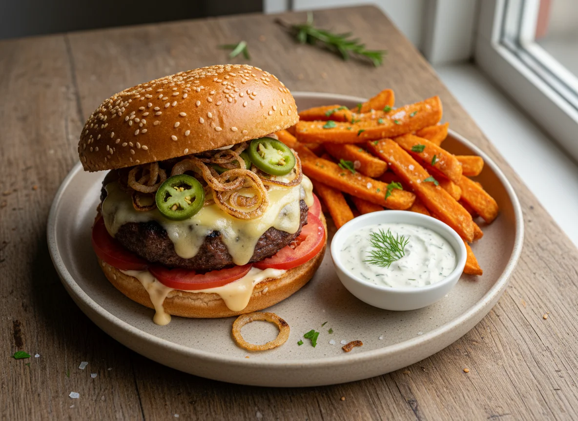 Burger mit Süßkartoffelpommes und Dip photo