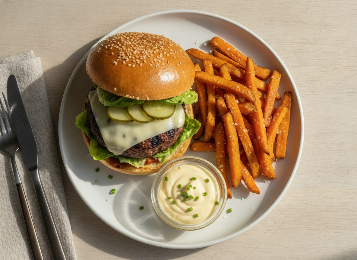 Burger mit Süßkartoffelpommes und Mayonnaise photo