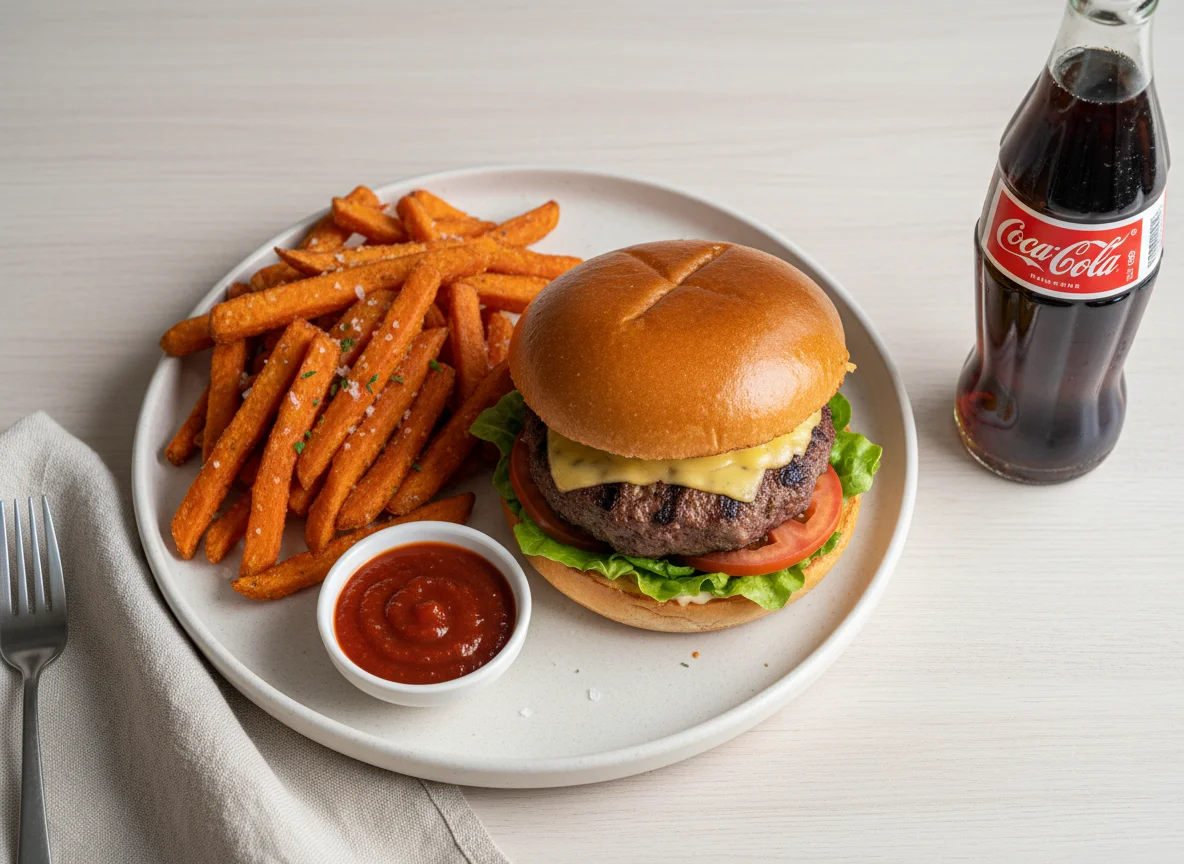 Burger mit Süßkartoffelpommes und Sauce photo