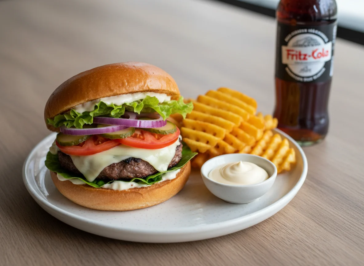 Burger mit Waffelpommes und Mayonnaise photo