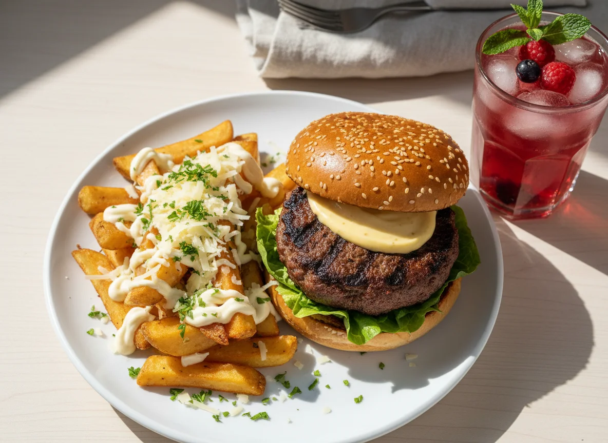 Burger, Pommes und Erfrischungsgetränk photo