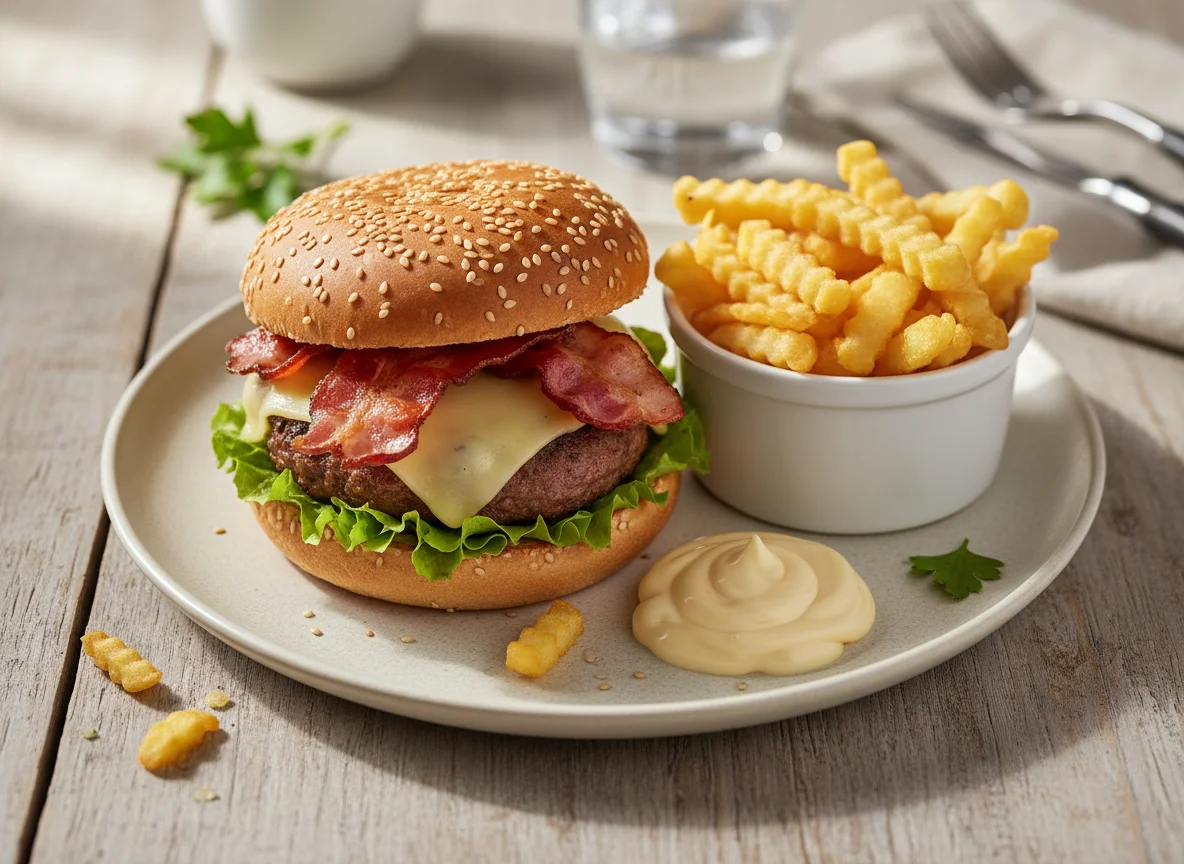 Burger und Pommes mit Mayonnaise photo