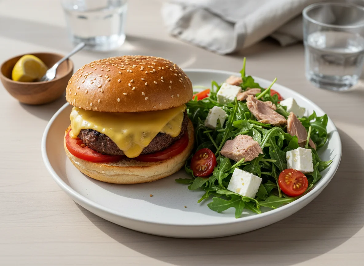 Burger und Salat mit Thunfisch und Feta photo