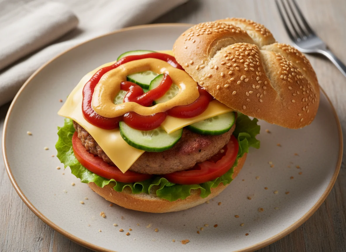 Burgerbrötchen mit Frikadelle und Gemüse photo