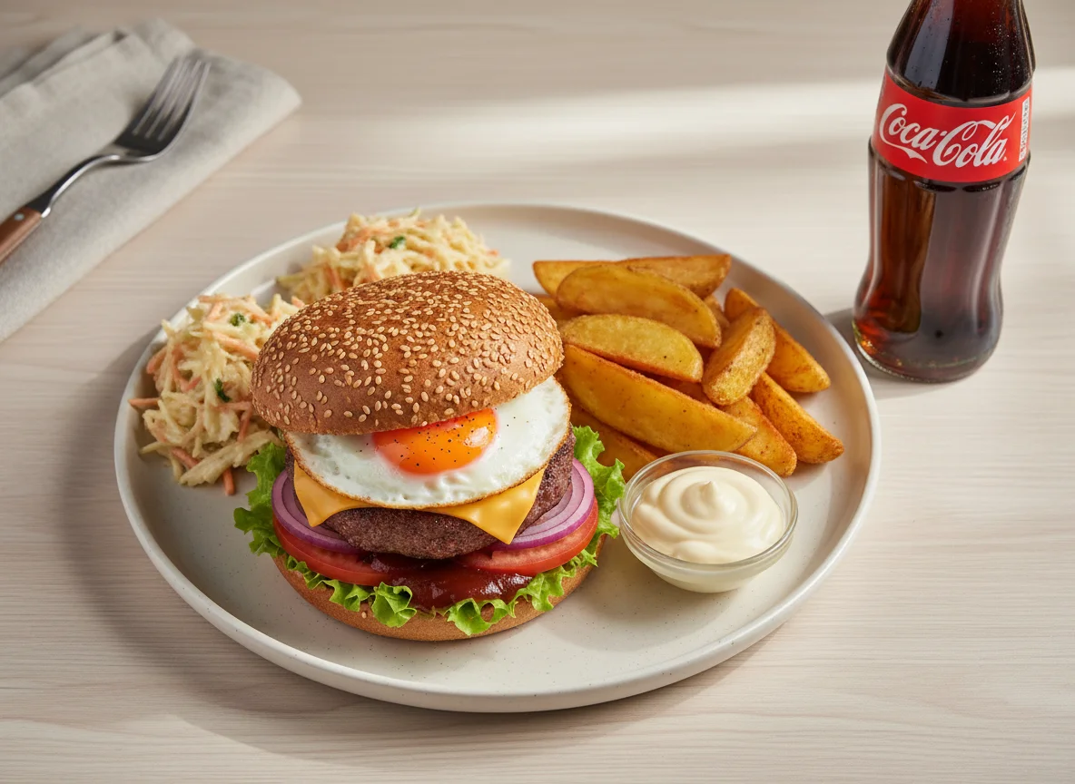 Burger-Menü mit Pommes und Krautsalat photo