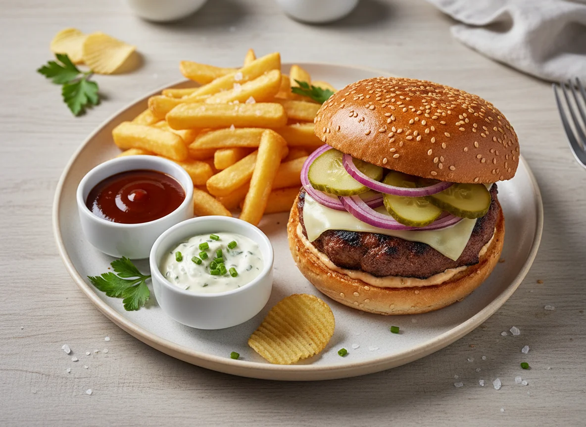 Burger-Menü mit Pommes und Saucen photo