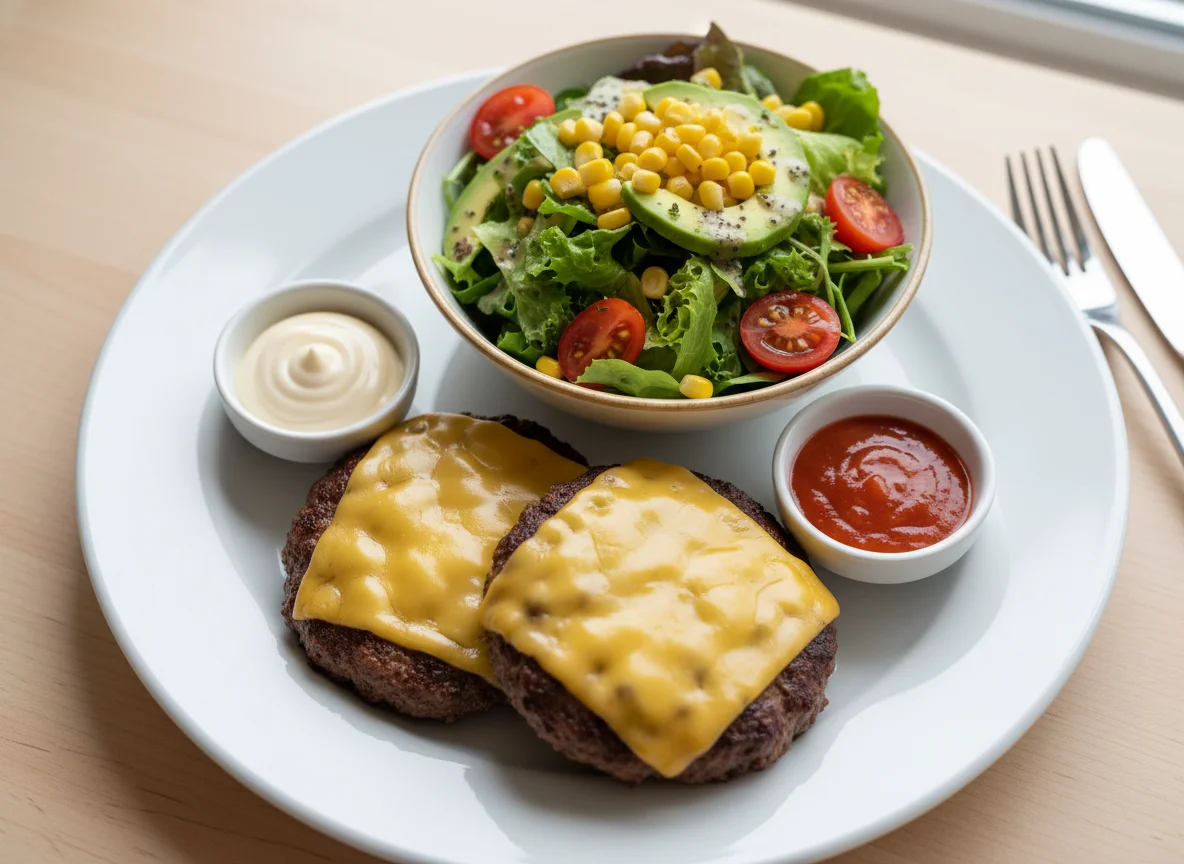 Burger-Patties mit Käse und Beilagensalat photo