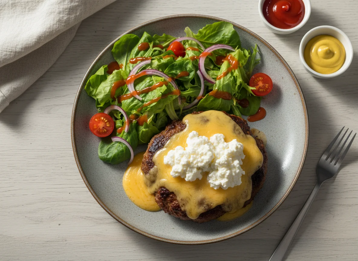 Burger-Patty mit Käsesauce, Hüttenkäse und Salat photo