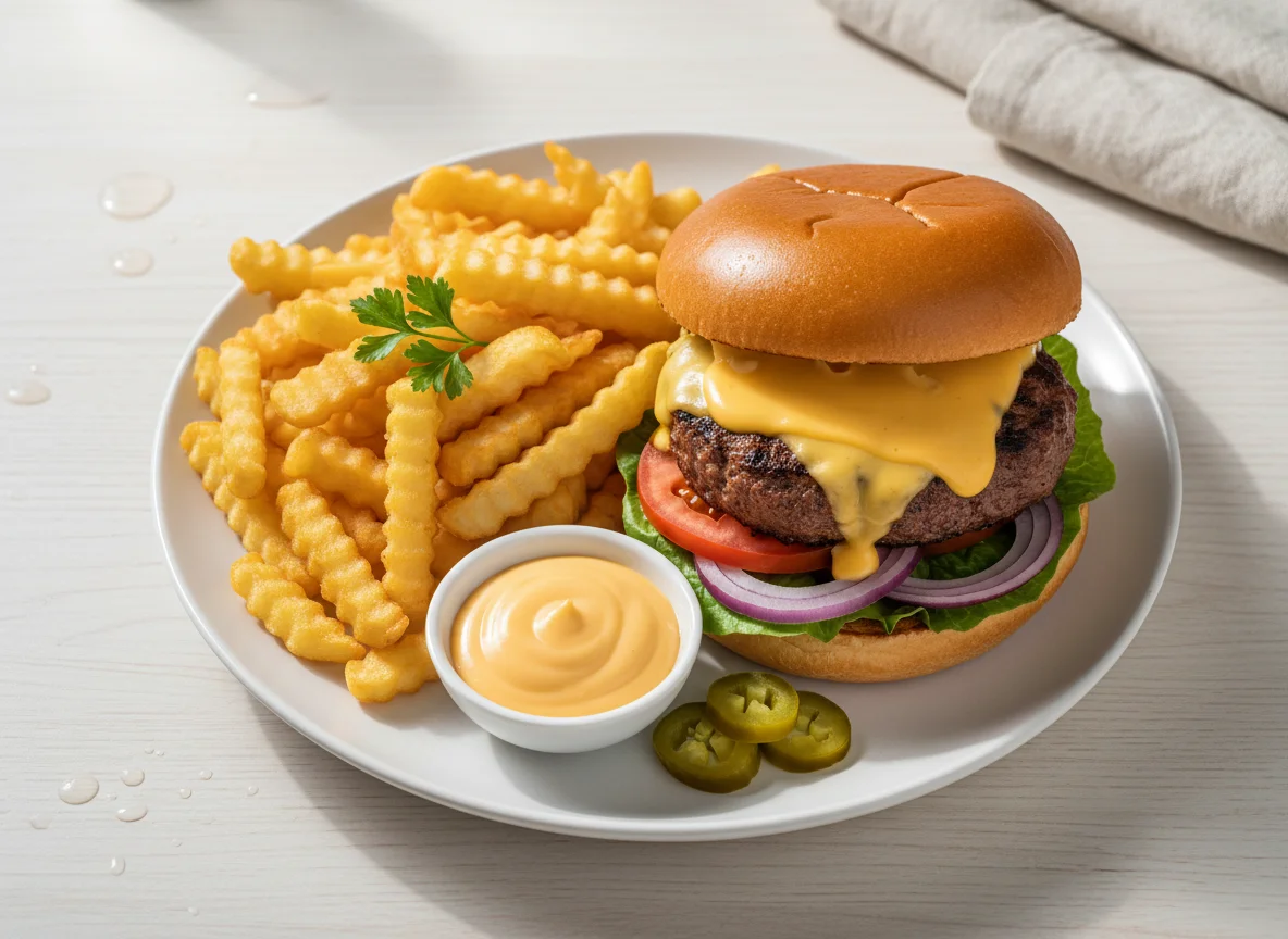 Burger-Teller mit Pommes photo