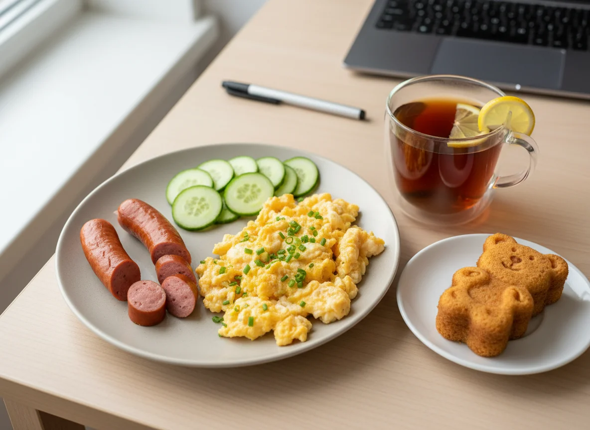 Büro-Mahlzeit mit Würstchen, Rührei, Gurke, Kuchen und Tee photo
