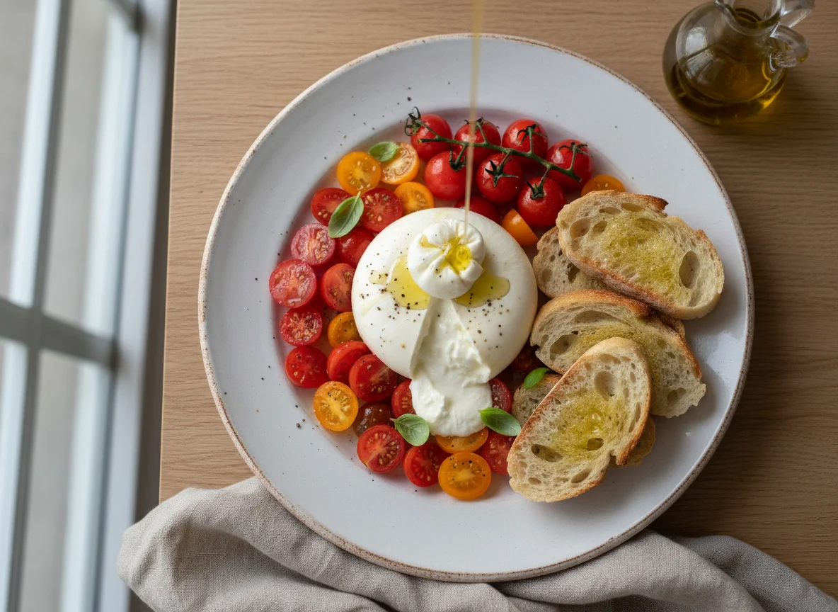 Burrata mit Tomaten und Brot photo