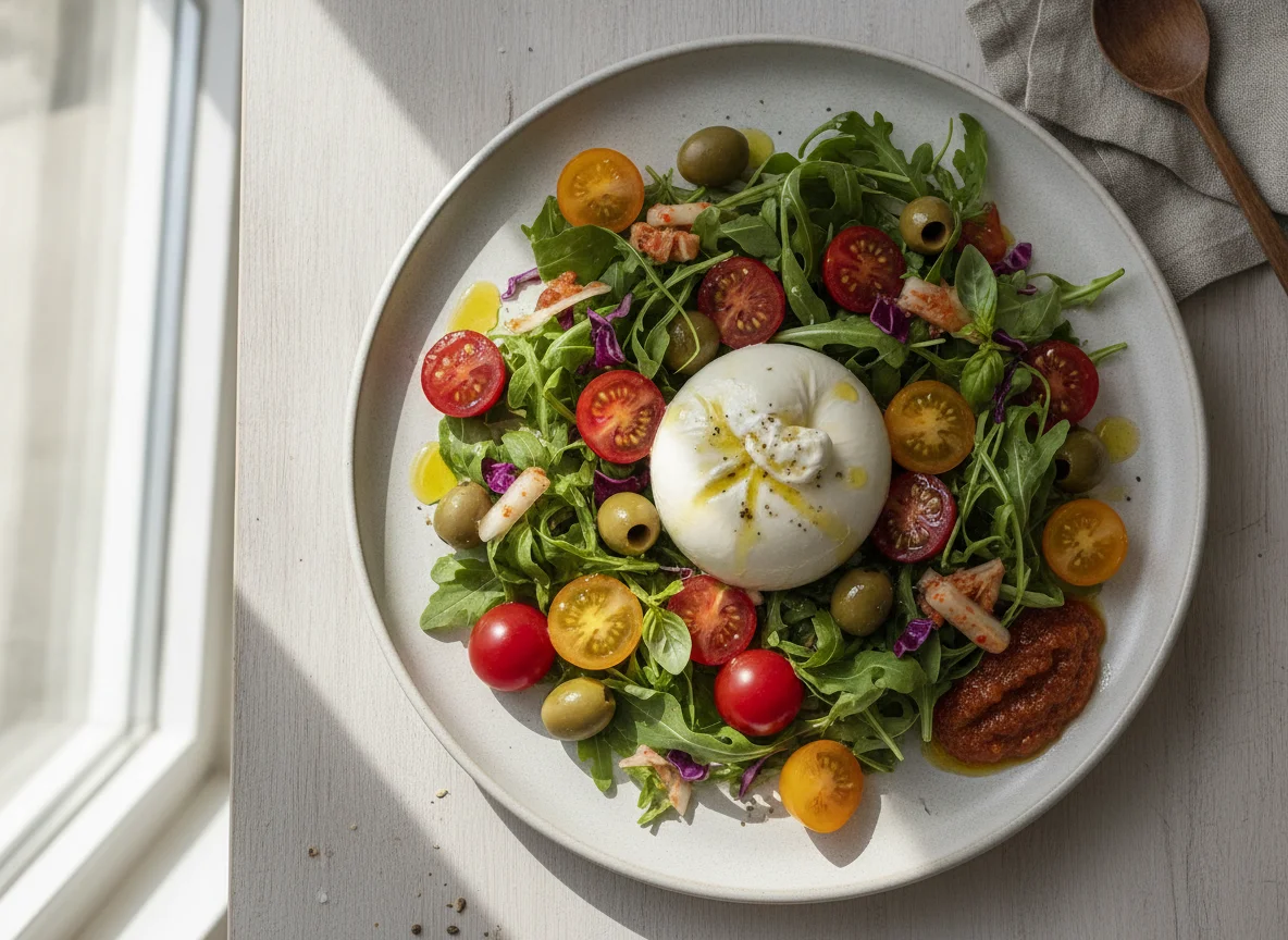 Burrata-Salat mit Kirschtomaten und Oliven photo