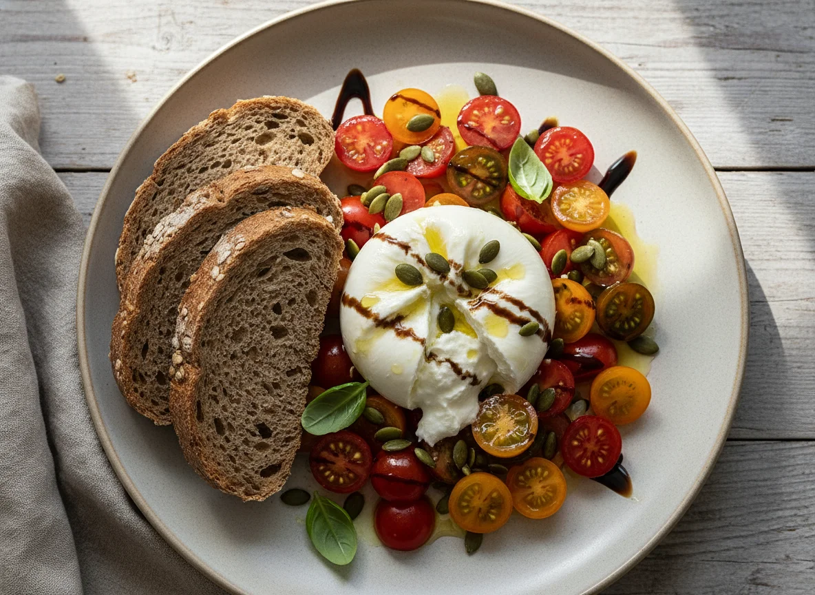 Burrata-Salat mit Kirschtomaten und Vollkornbrot photo