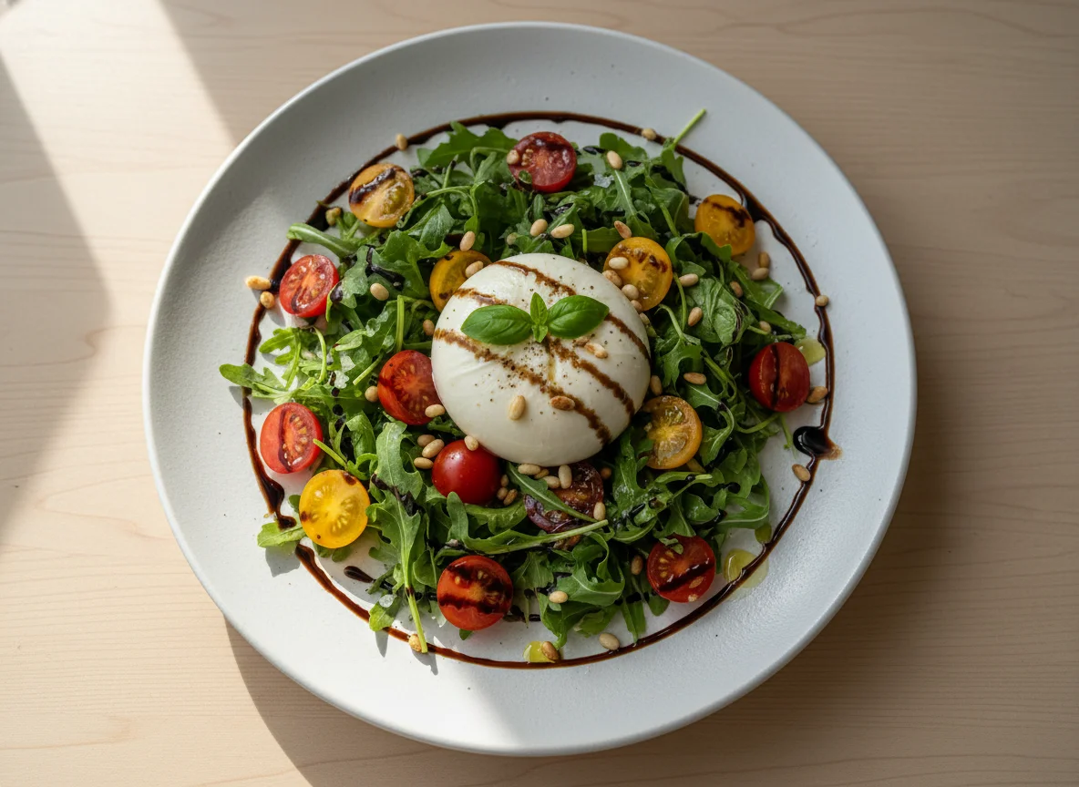 Burrata-Salat mit Rucola und Pinienkernen photo