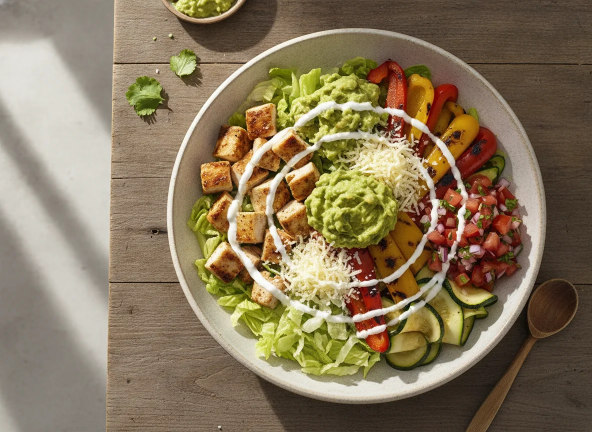 Burrito Bowl mit Hähnchen und Guacamole photo