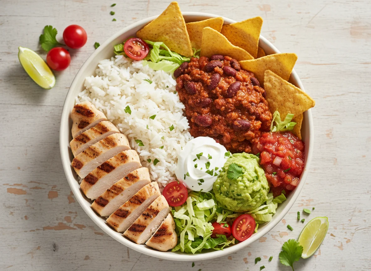Burrito Bowl mit Hähnchen und Nachos photo