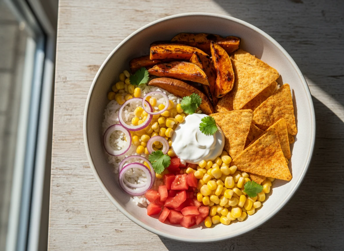 Burrito Bowl mit Süßkartoffel und Nachos photo