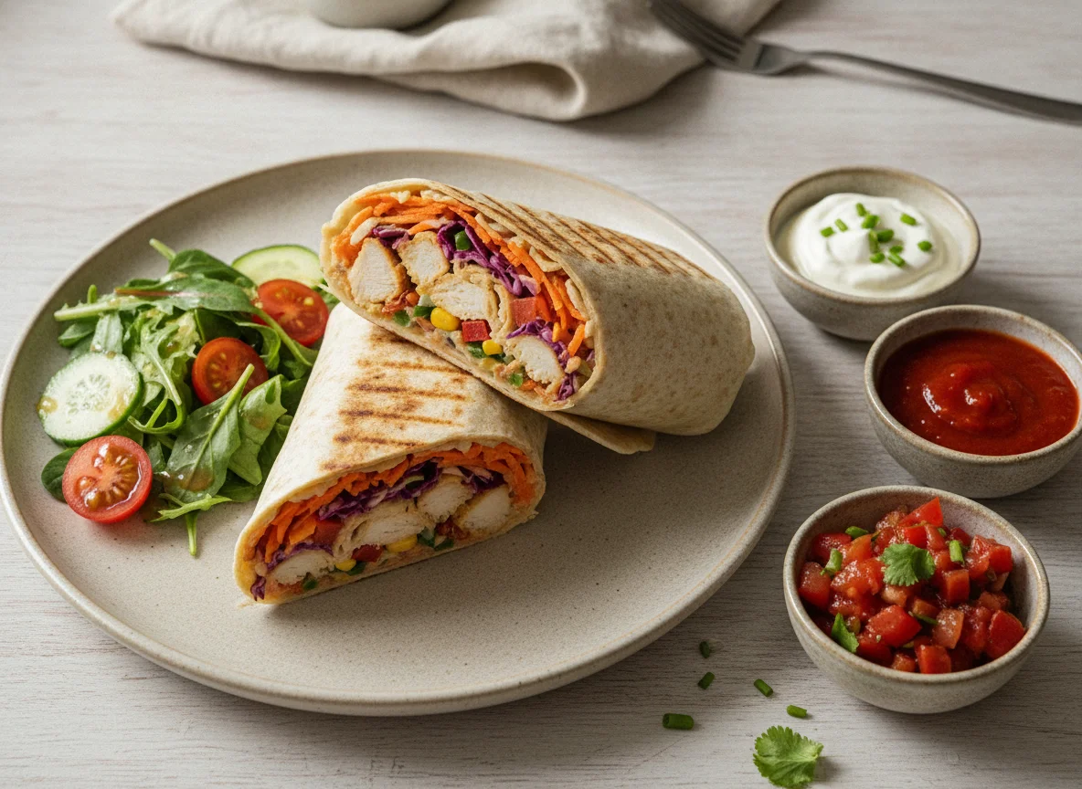 Burrito mit Beilagensalat und Saucen photo