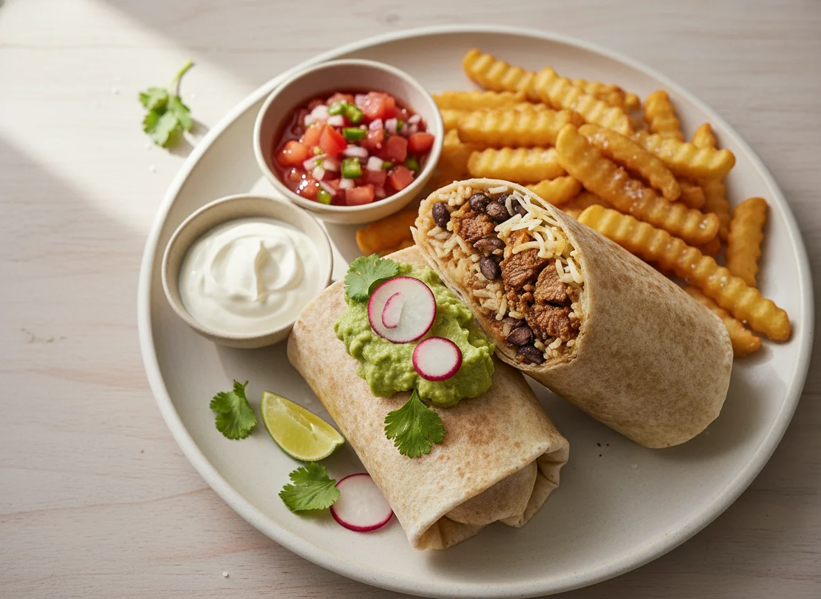 Burrito mit Guacamole und Pommes Frites photo