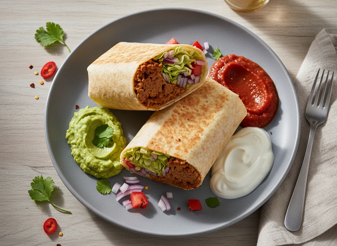 Burrito mit Hackfleisch und Guacamole photo