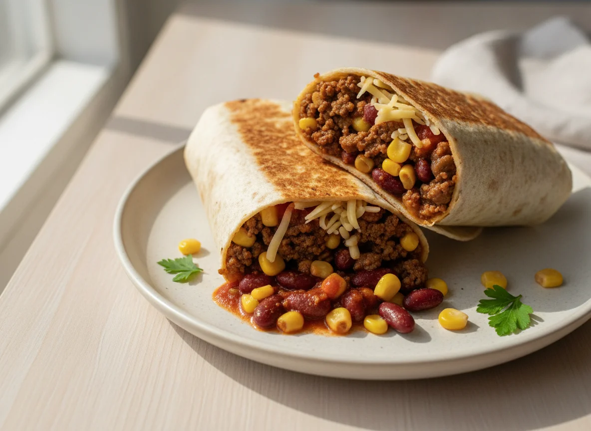 Burrito mit Hackfleisch und Mais photo