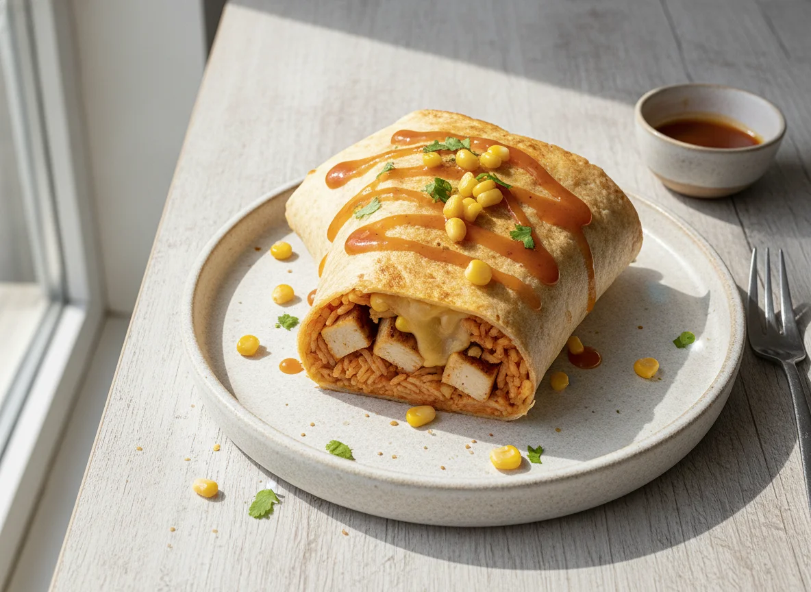 Burrito mit Reis, Huhn und Käse photo