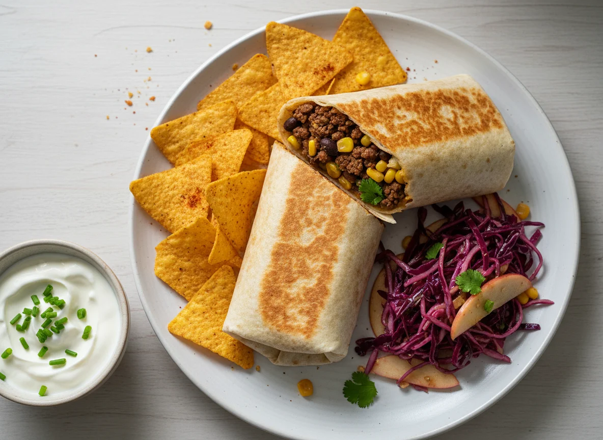 Burrito mit Tortilla-Chips und Beilagen photo