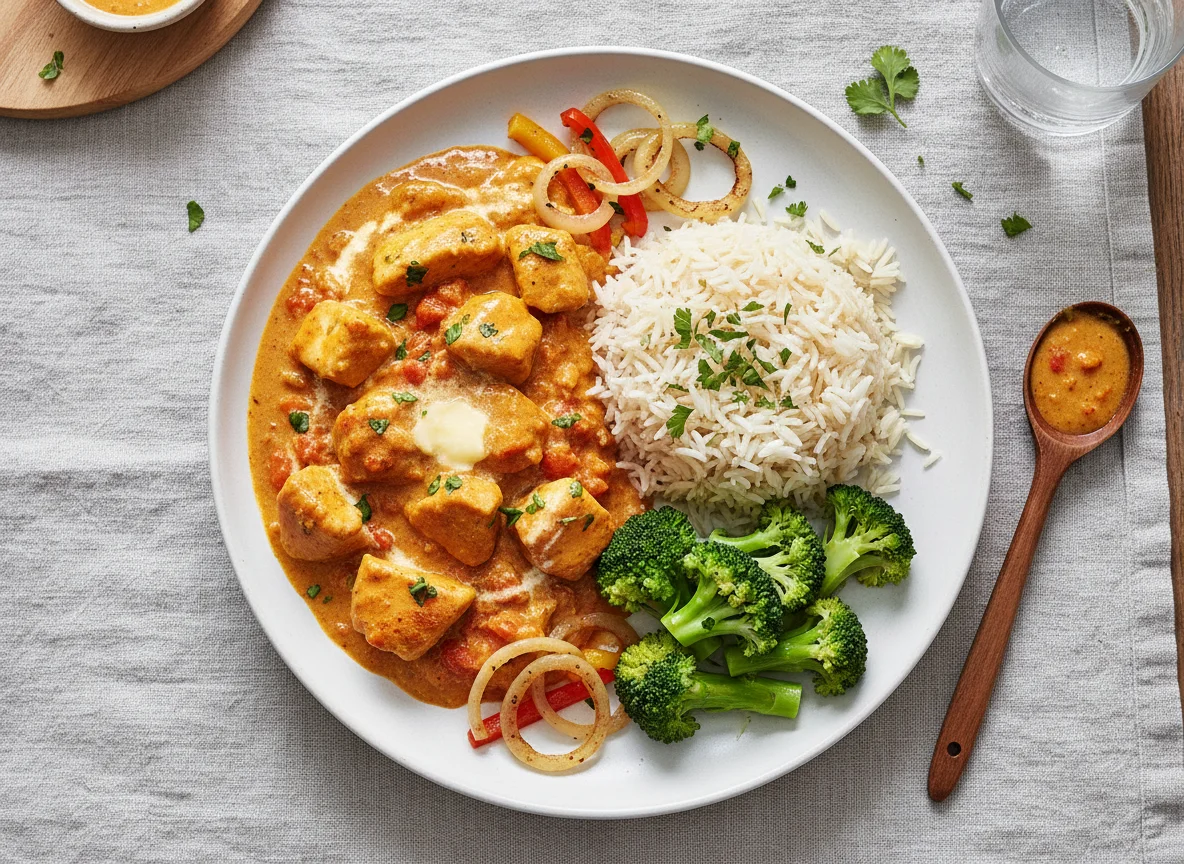 Butter Chicken indischer Art mit Reis und Brokkoli photo