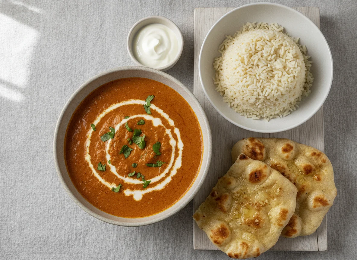 Butter Chicken mit Basmati Reis und Naan Brot photo