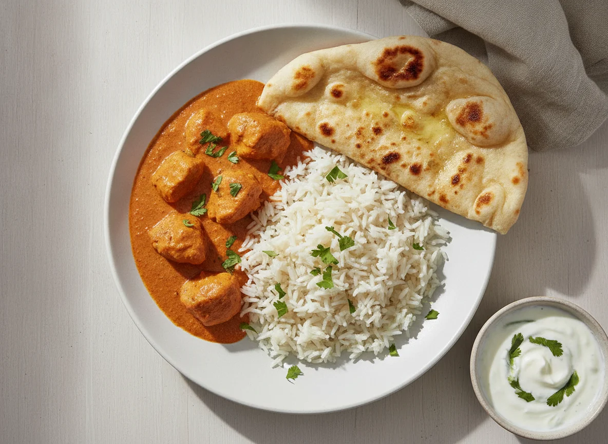 Butter Chicken mit Reis und Naan photo