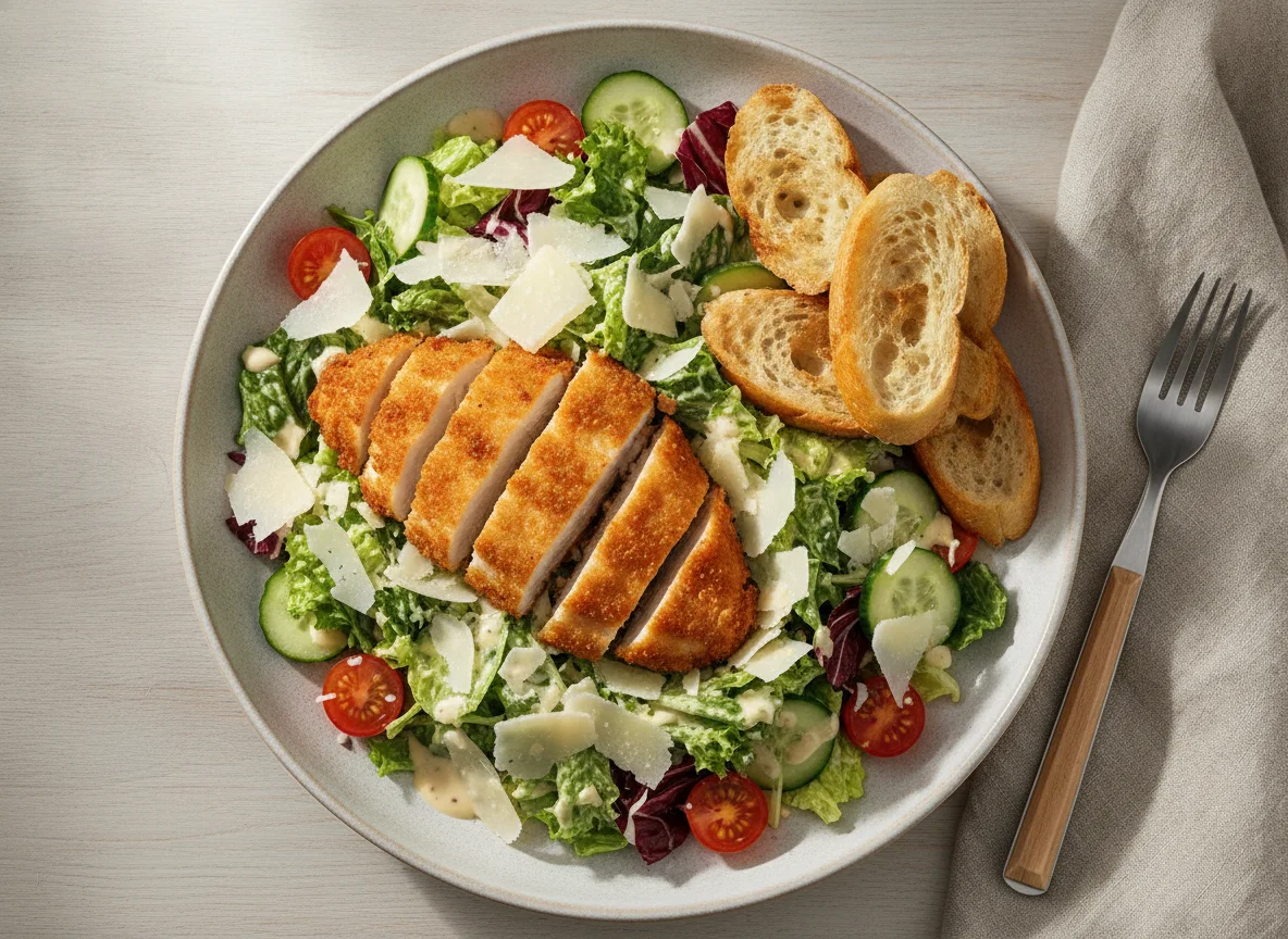 Caesar Salad mit Hähnchen und Baguette photo