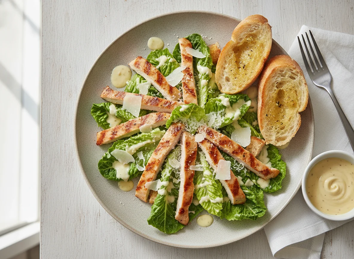 Caesar Salad mit Hähnchenbrust und Baguette photo