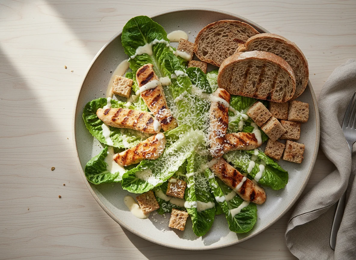 Caesar Salad mit Hähnchenbrust und Brot photo