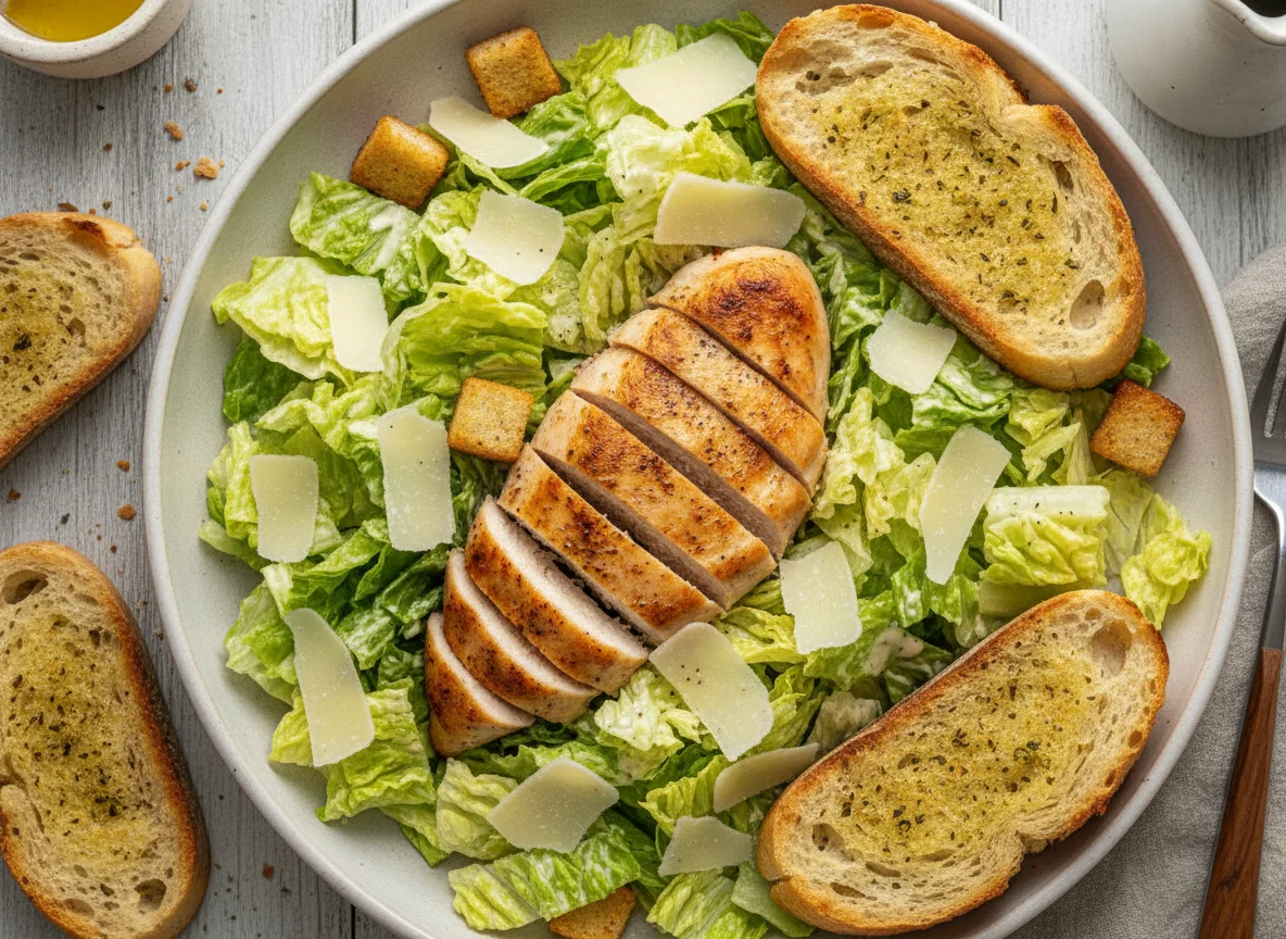 Caesar Salad mit Hähnchenbrust und Knoblauchbrot photo