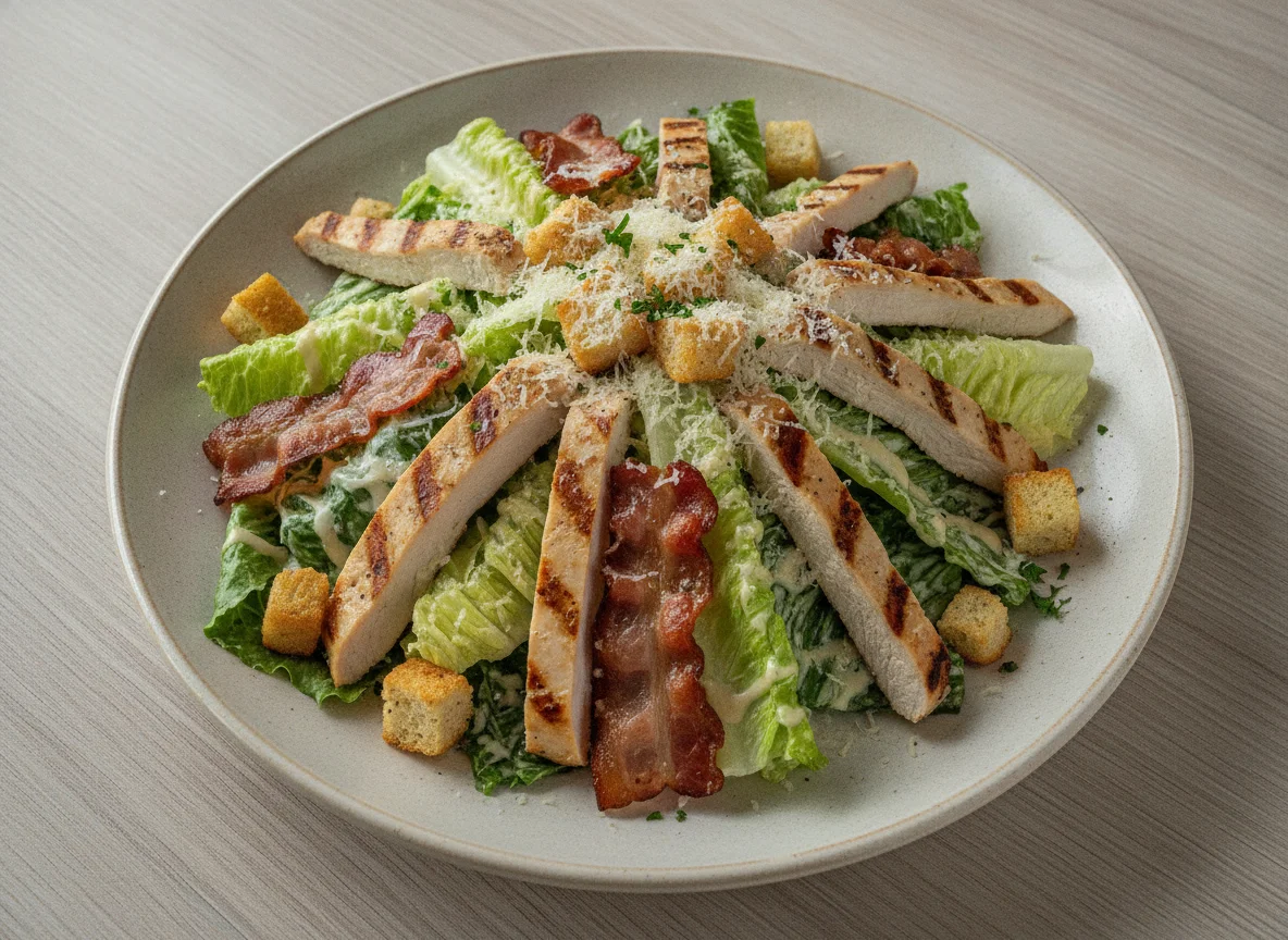Caesar Salad mit Hühnerstreifen und Speck photo