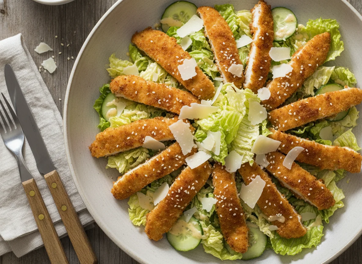 Caesar Salad mit panierten Hähnchenstreifen photo