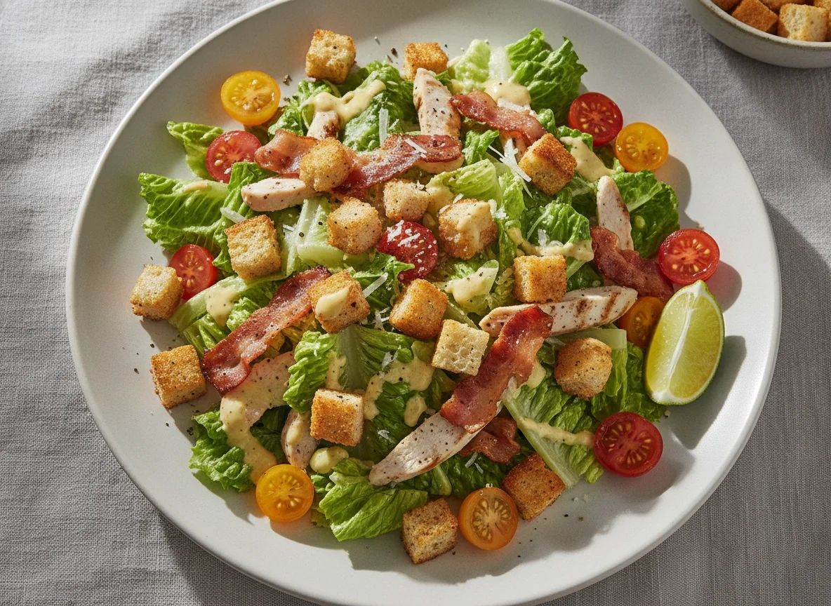 Caesar Salad mit Speck und Croutons photo