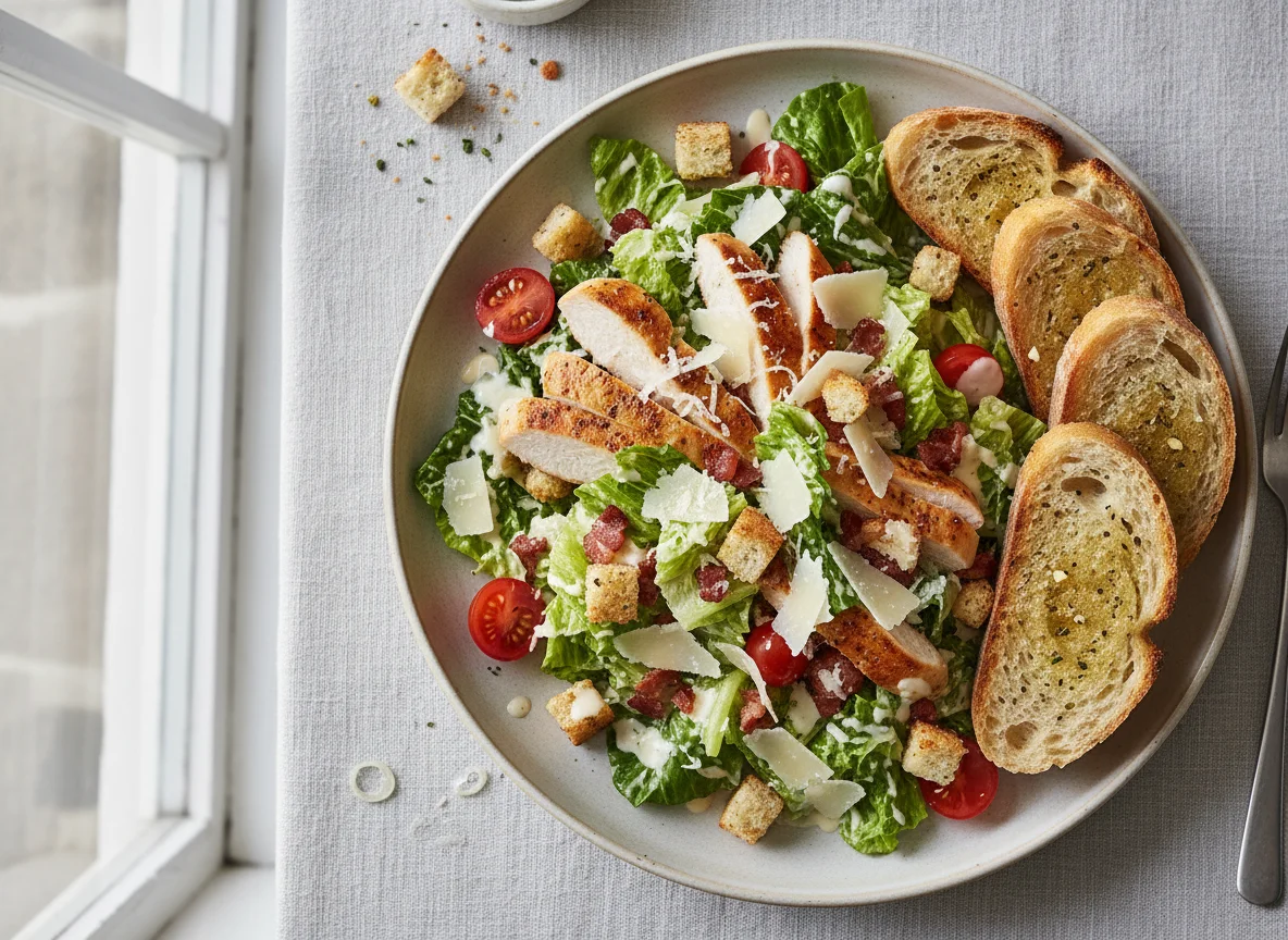 Caesar Salat mit Hähnchen und Brot photo